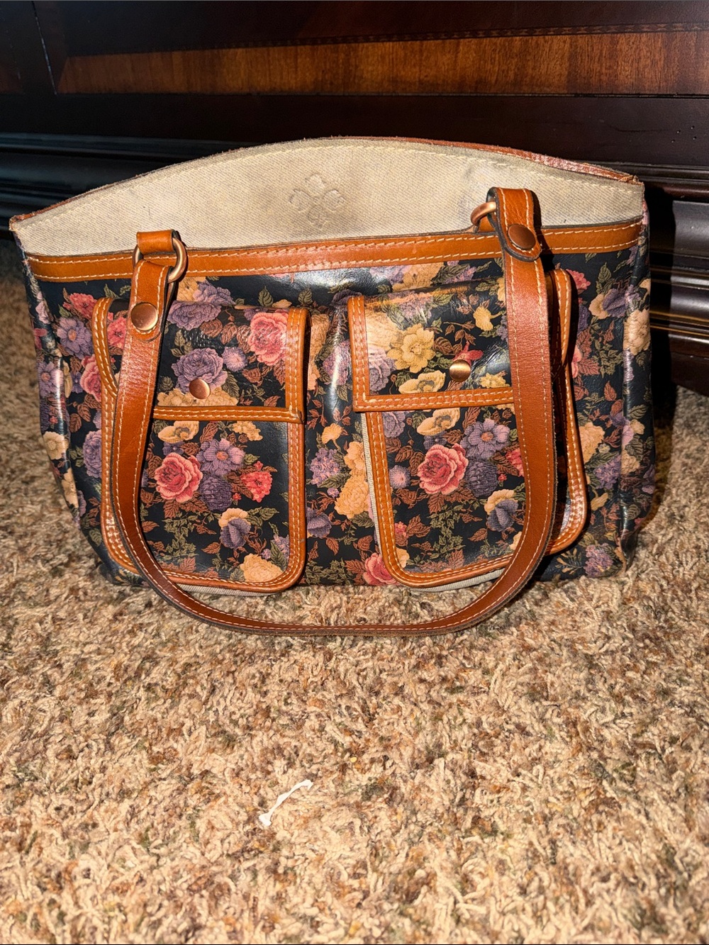 Patricia Nash Floral Leather Trim Tote Bag Large Multi Pocket Shoulder Bag”